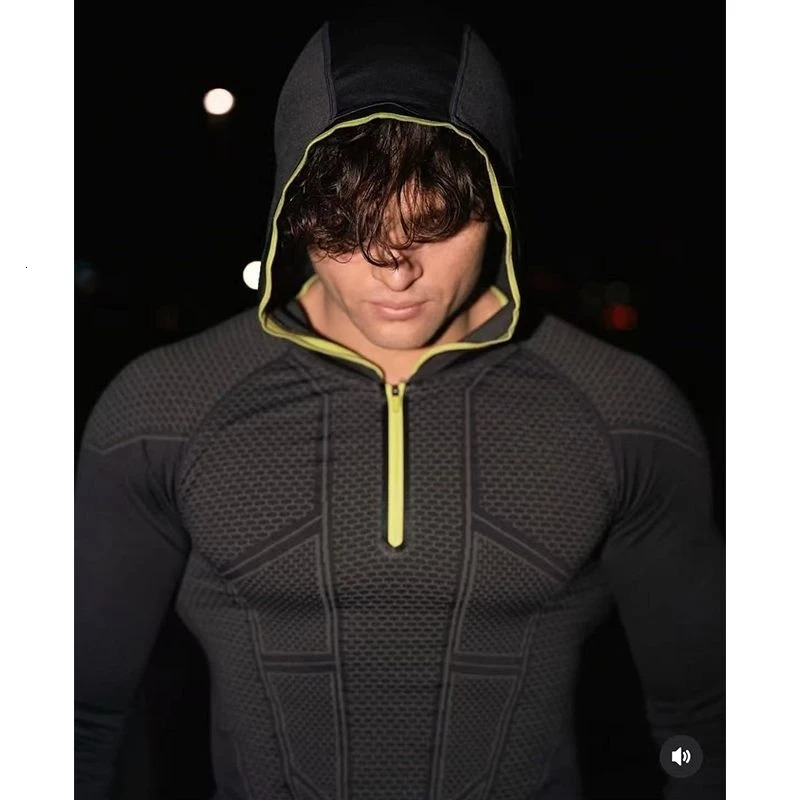 Mens Quick Dry Breathable Slim Fit Elastic Hooded Zipper Long Sleeve Fitness TShirt for Gym Sports Casual 251216