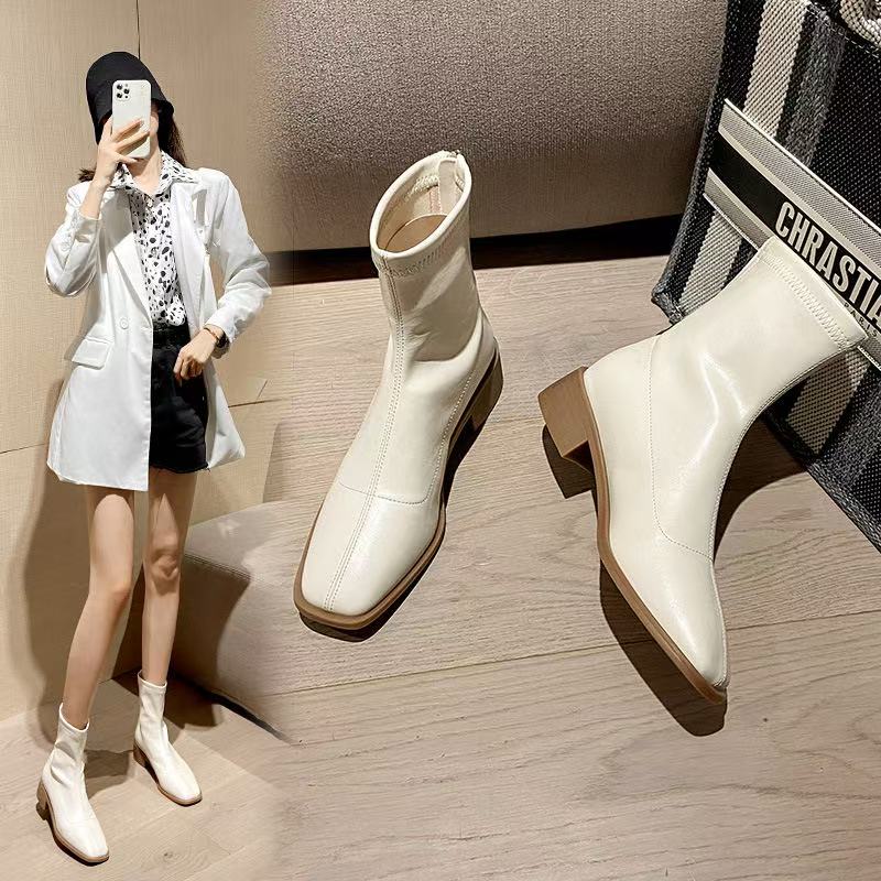 Size 34-40 Stretch For Women Winter 2023 Retro Square Toe Chunky Heels Shoes Woman Ankle Boots Elastic Booties