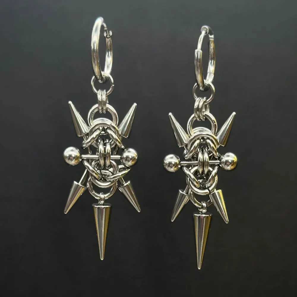 Handmade Stainless Steel Byzantine Chainmail Spike Hoop Earrings for Women Gothic Punk Grunge Piercing Barbell Dangle Earrings G251216