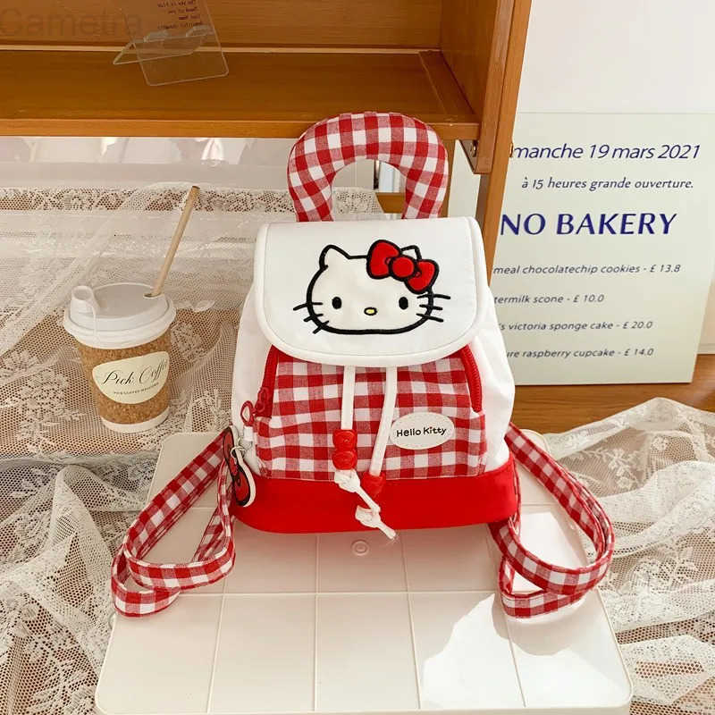 Sanrio New Cute Red Plaid Hello Kitty Backpack Cartoon Cute Kitty Cat Drawstring Storage Mini Girl Heart Backpack Handbag H251216