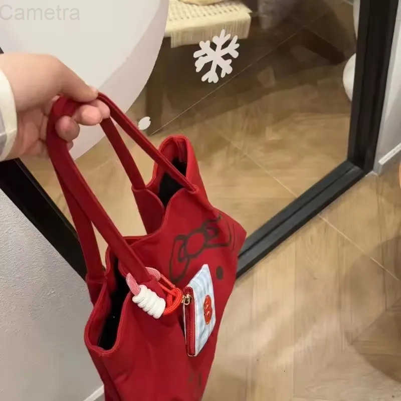 Sanrio Hello Kitty Bag Red Canvas Bag Large Capacity Shoulder Bag Commuting Travel Printed Tote Bag Shopper Bag Christmas Gifts H251216