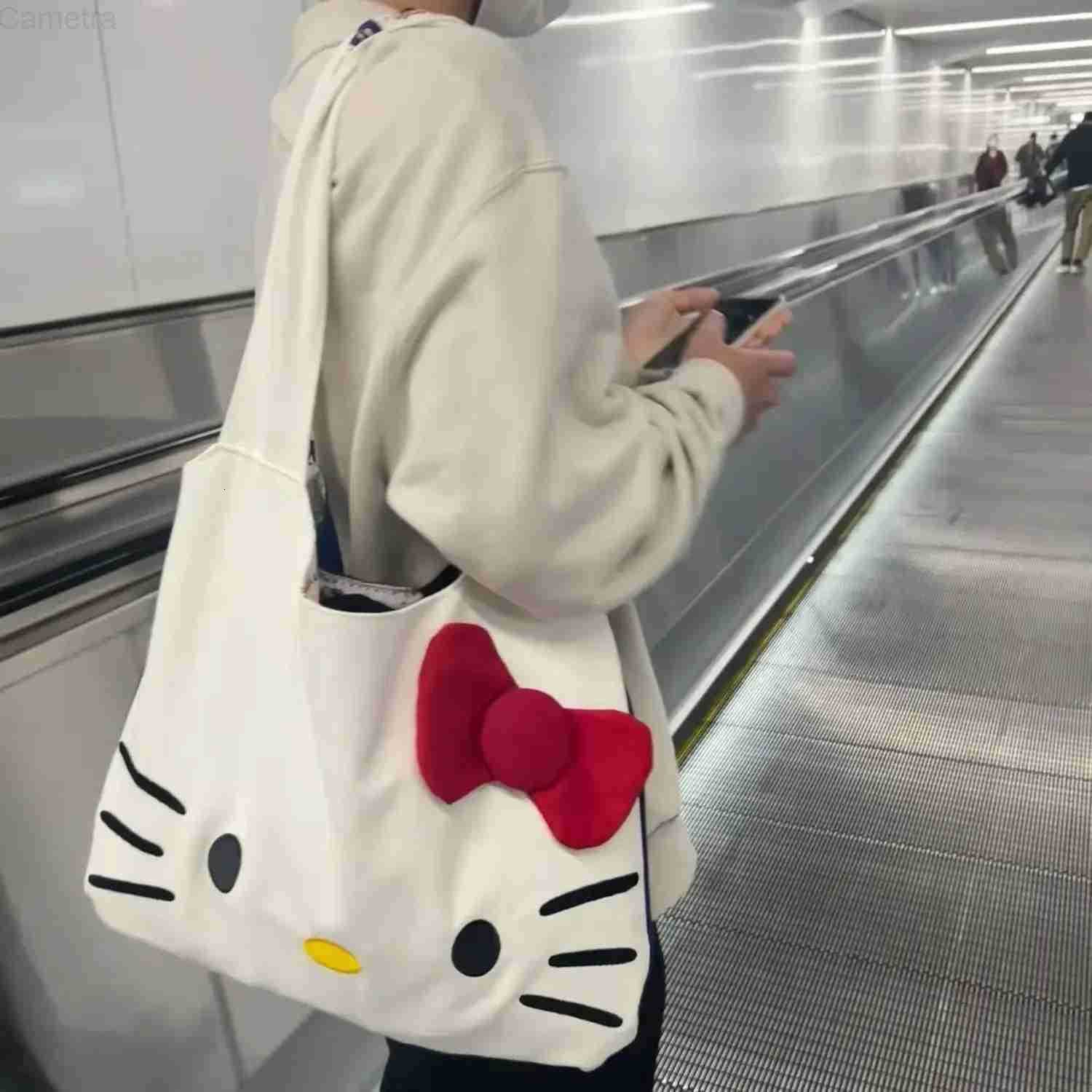 Sanrio hello kitty shoulder bag new canvas large capacity tote bag cartoon cute handbag girl storage bag shopping H251216