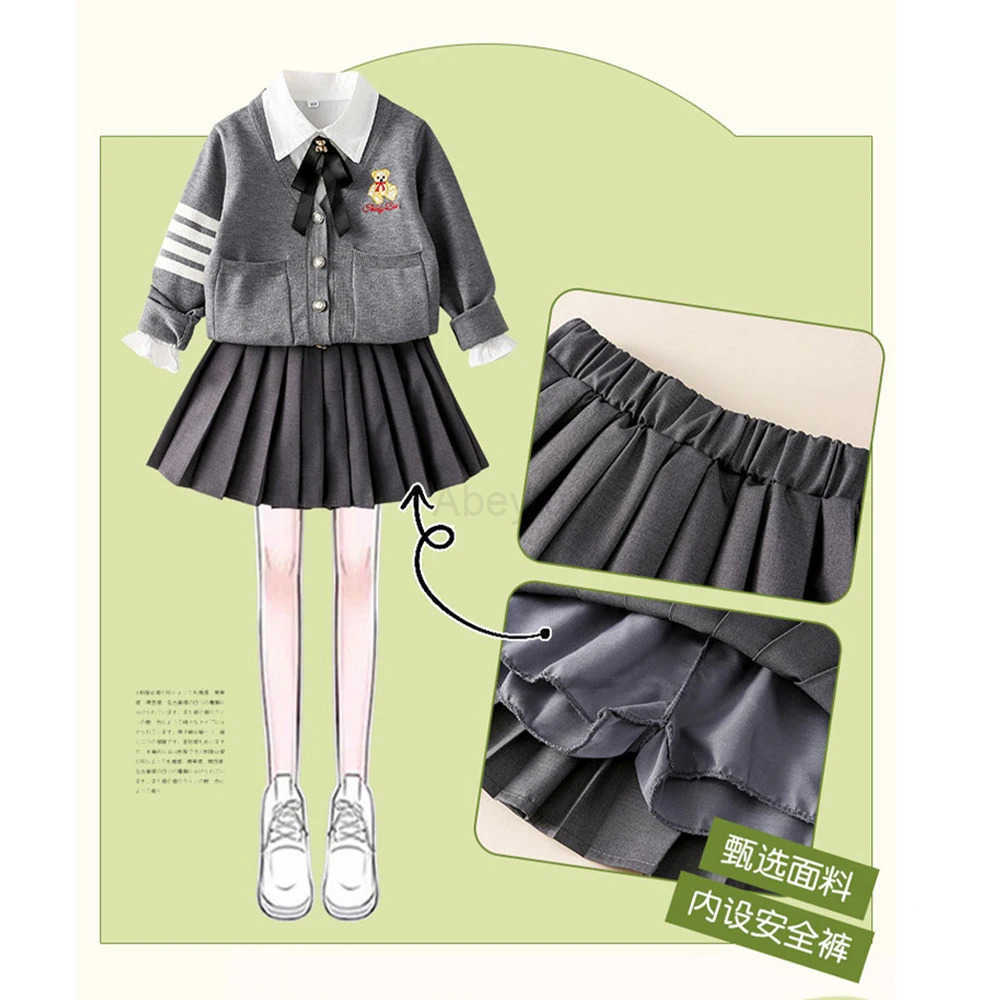 Sanrio 3Pcs Little Bear Children Jk Plaid Skirt Set Anime Y2K Cartoon Korean Cardigan Bow Tie Pleated Skirt Spring Autumn College Style H251216