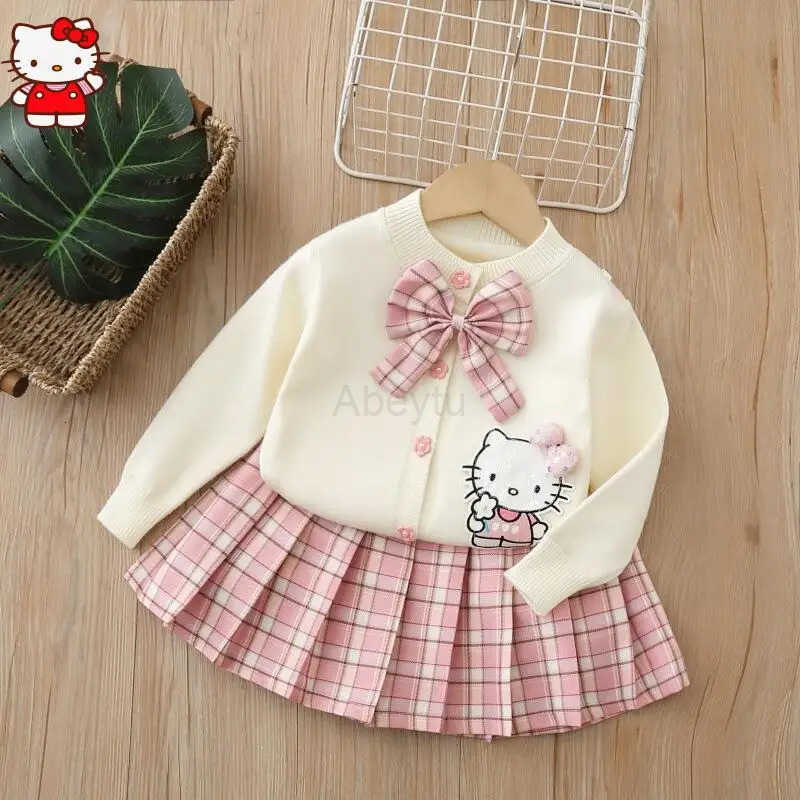 Sanrio Anime Hello Kitty Girls Autumn Knitted Coat Set College Style Jk Cardigan Jacket And Pleated Skirt Two-Piece Set for Children H251216