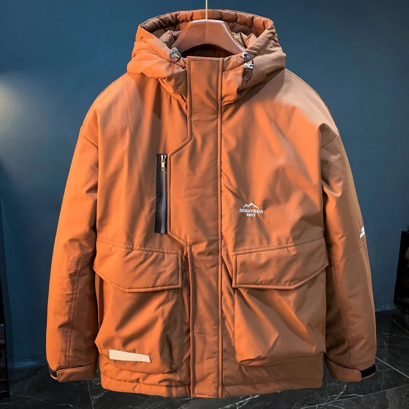 Outdoor cold resistant hooded down jacket for mens winter trend windproof duck with added fleece warm y251205