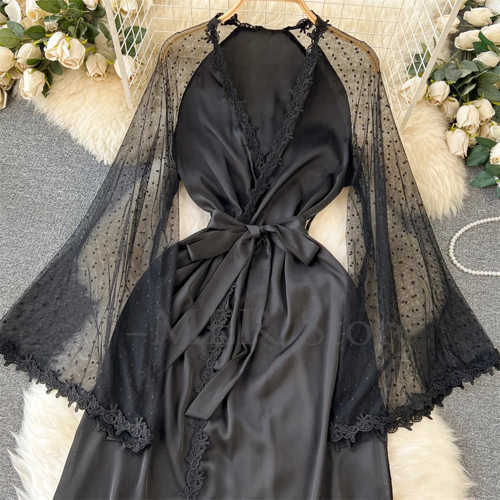 Sexy Embroider Edge Lady Kimono Bathrobe Dress Gown Mesh Sleeve Wedding Long Robe Sleepwear Loose Silk Satin Nightwear Lingerie C251216