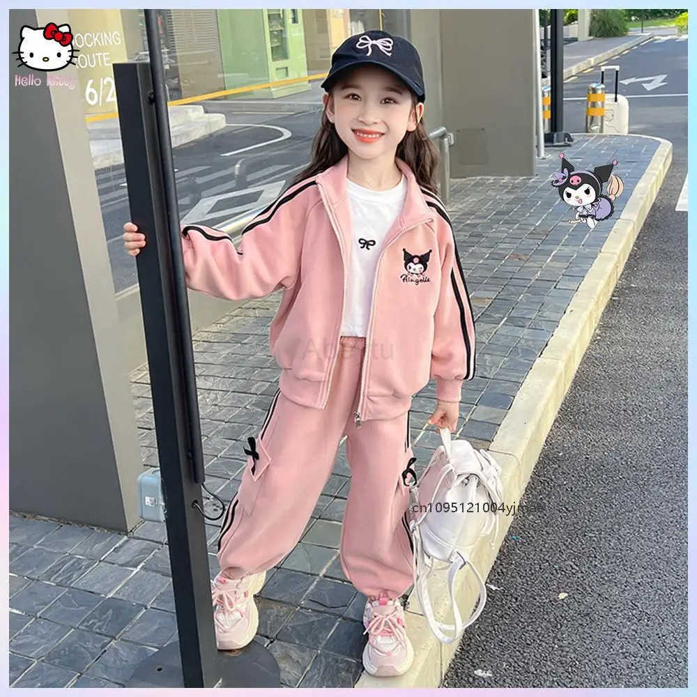 Sanrio 2Pcs Cartoon Kuromi Childrens Sports Set Coat Pants Anime Cartoon Spring Autumn Girl Korean Fashion Casual Zipper Jacket H251216