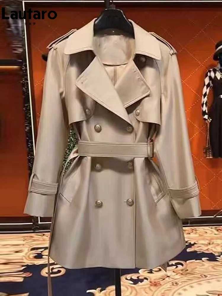 Lautaro Spring Autumn Khaki Satin Trench Coat for Women Belt Double Breasted Elegant High Quality Luxury Designer Clothing 2024T251216