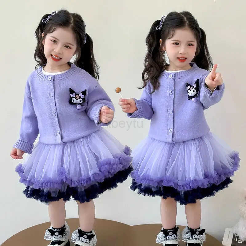 Sanrio Kuromi Girl Long Sleeves Sweater Suit Spring Autumn New Coat Two Piece Skirt Set Kawaii Childrens Clothing Cartoon H251216