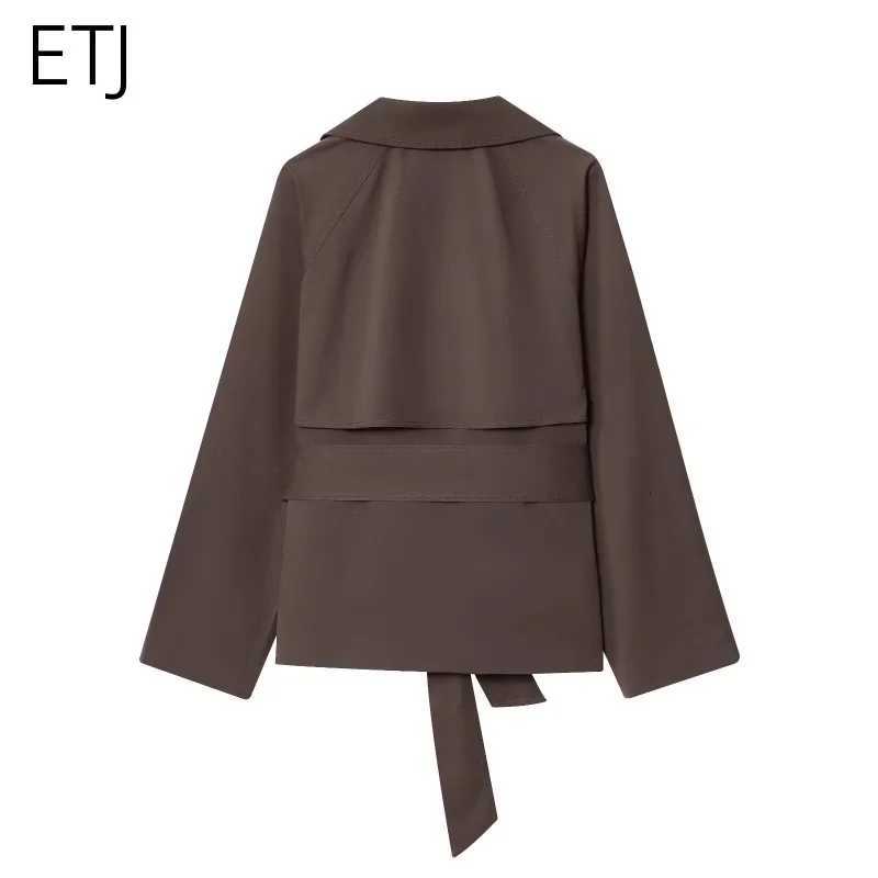ETJ Autumn 2025 new collection womens British style lapel double-breasted Maillard color belt casual trench coatT251216
