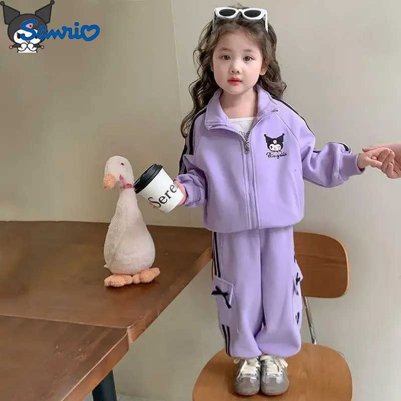 Sanrio Anime Cartoon Kawaii Girls Sweatshirt Suit Kuromi Spring and Autumn New Long Sleeve Trousers Solid Color Casual Cardigan H251216