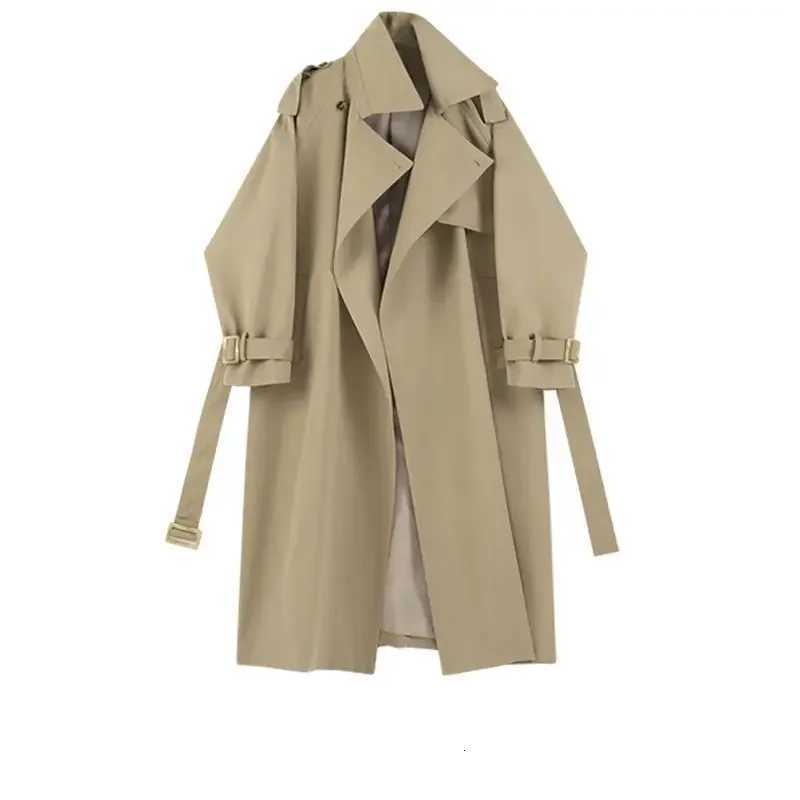 Fashion Trench Jackets Long Pattern Female Solid Color Coat Classic Lapel Long Sleeve with Belt Spring Autumn Casual Street WearT251216