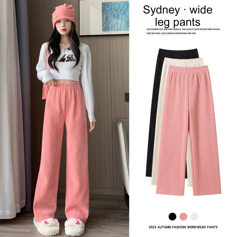 Pink corduroy pants for women in autumn and winter, thickened high-waisted, loose, straight-leg, fleece warm Chenille wide-leg pants-----YF-675