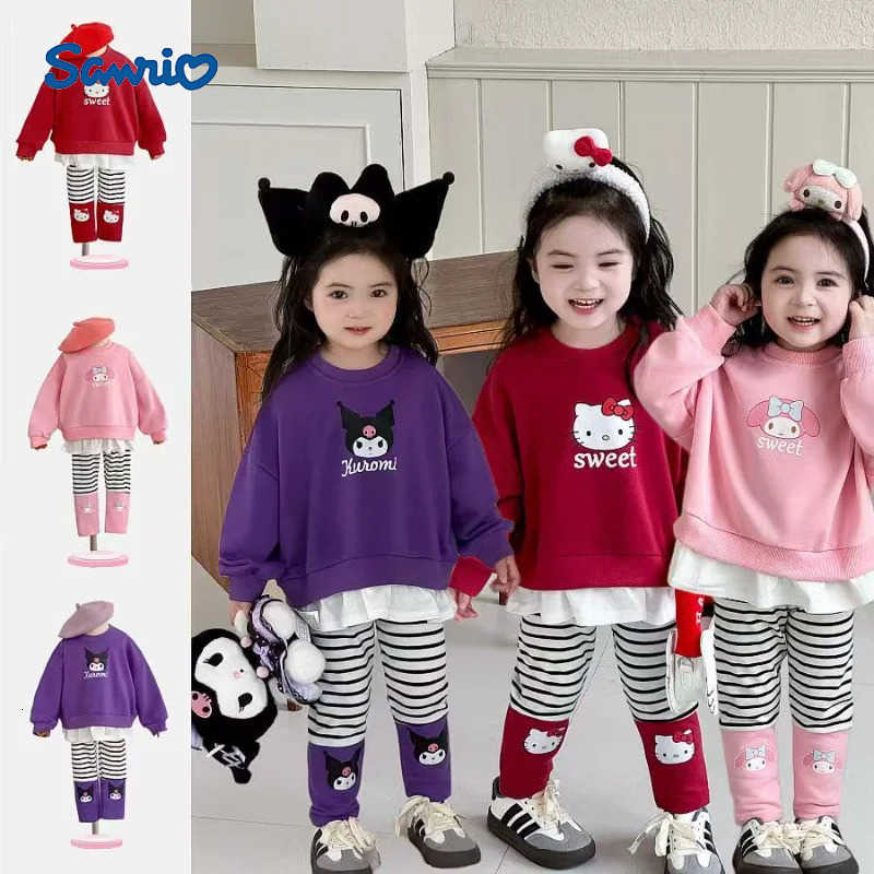 Sanrio Hello Kitty Girl Sets Kuromi Autumn Kids Kawaii Sweatshirts Pullover Leggings Pants 2Pcs Suit Children Student Clothes H251216