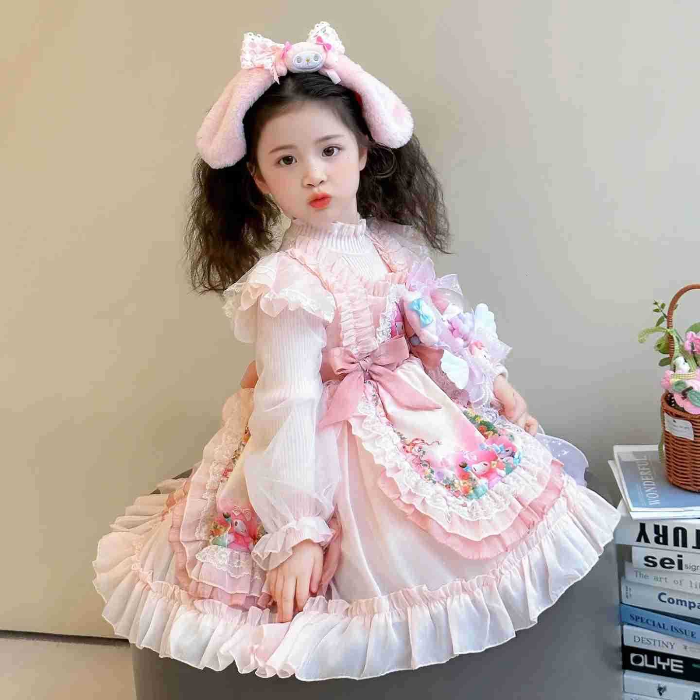 Sanrio Anime My Melody Girls Lolita Princess Dress Bow Decoration Party Dress Ruffled Tutu Skirt Layered Dress Ball Gown Festival Gift H251216