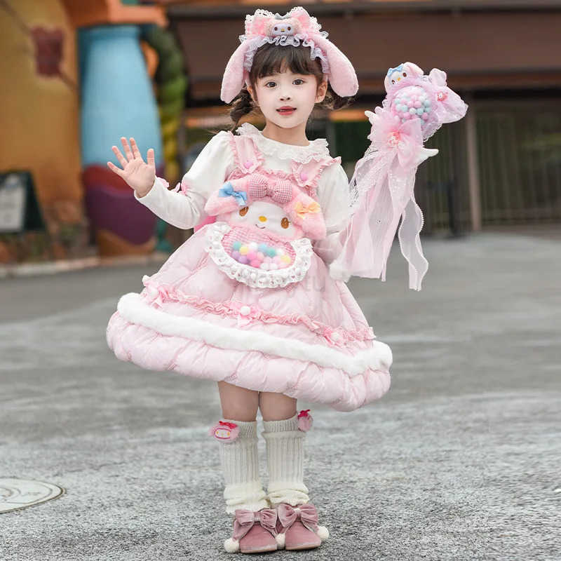Sanrio Anime My Melody Thicken Lolita Princess Party Dress with Bow Decoration Girls Sweet Ruffled Tutu Skirt Winter Cotton Jacket Gift H251216