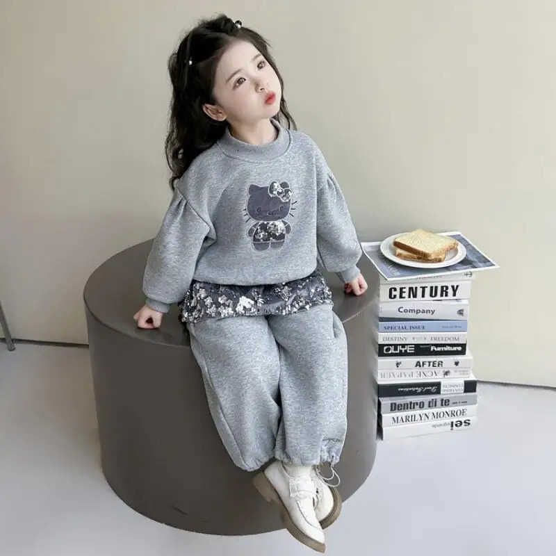 Sanrio Hellokitty Kid Plush Hoodie Set Cartoon Thickened Cotton-Padded Clothes Suit Anime Coat Sweatpants 2Pcs Cute Girl Gift H251216