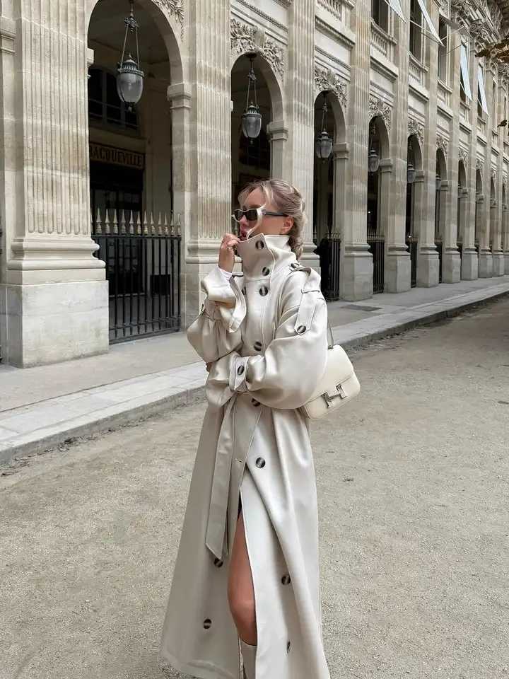 Women Solid Stand Collar Long Trench Coat Casual Double Breasted Full Sleeve Loose Windbreaker 2025 Lady Daily Commute OuterwearT251216