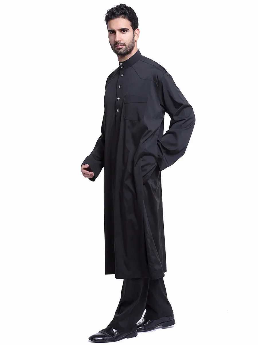 Dubai Arab Islam Muslim Men Jubba Thobe Clothing Sets Long Robe 2 Piece Set Tops and Pants Saudi Musulman Ensembles Wear Sets W251216