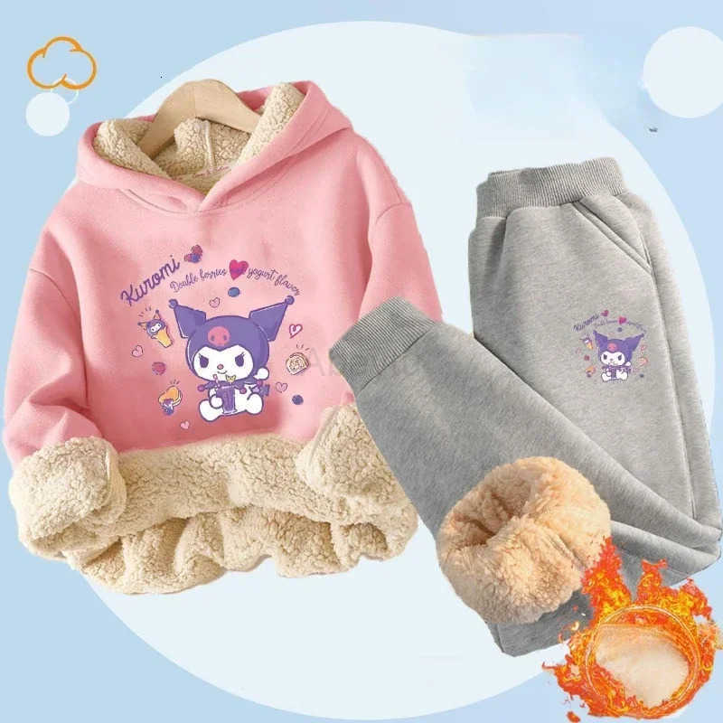 Sanrio Kuromi Plush Warm Childrens Clothing Set for Girls Thicken Fleece Lined Sweatshirt Pants 2 Pcs Suit Winter Tracksuit H2512161