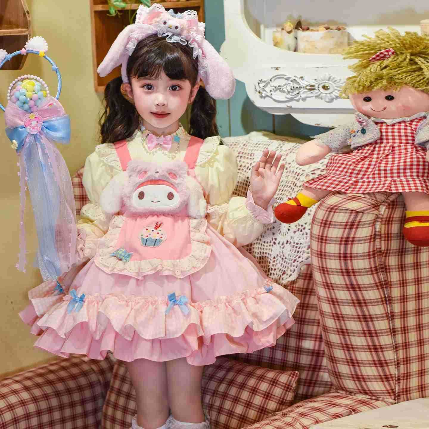 Sanrio Anime My Melody Girls Lolita Princess Dress Lace Party Dress for Kids Bow Decoration Ruffled Tutu Skirt Princess Costume Gift H251216