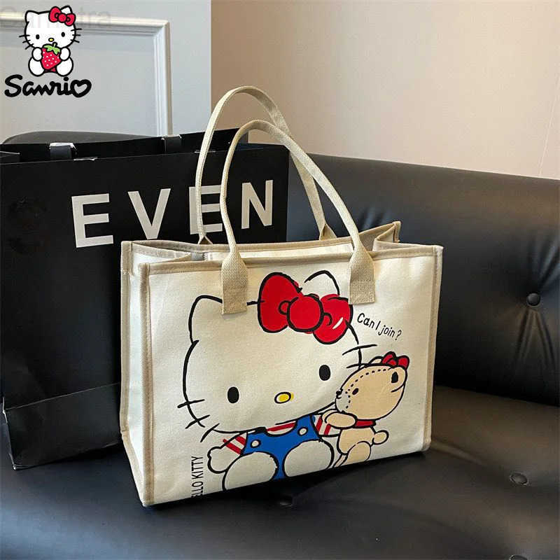 Sanrio Hello Kitty Canvas Bag Tote Bag Shoulder Storage Makeup Pouch Anime Handbag Travel Shopping Bag Kid Schoolbag Girl Gift H2512161