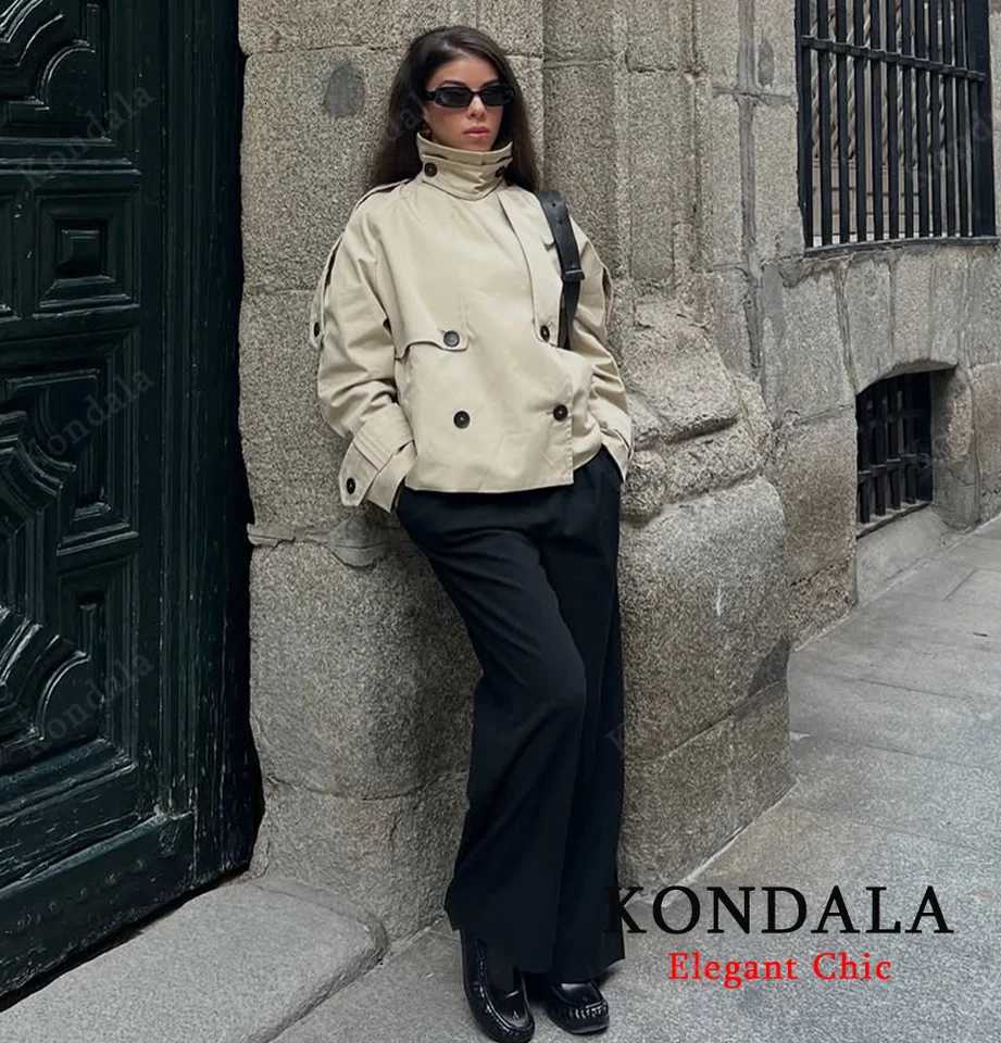 KONDALA Women Fall Elegant Trench Coat Double-Breasted Short Windbreaker 2025 Spring Autumn High Street Commute Lady CoatT251216