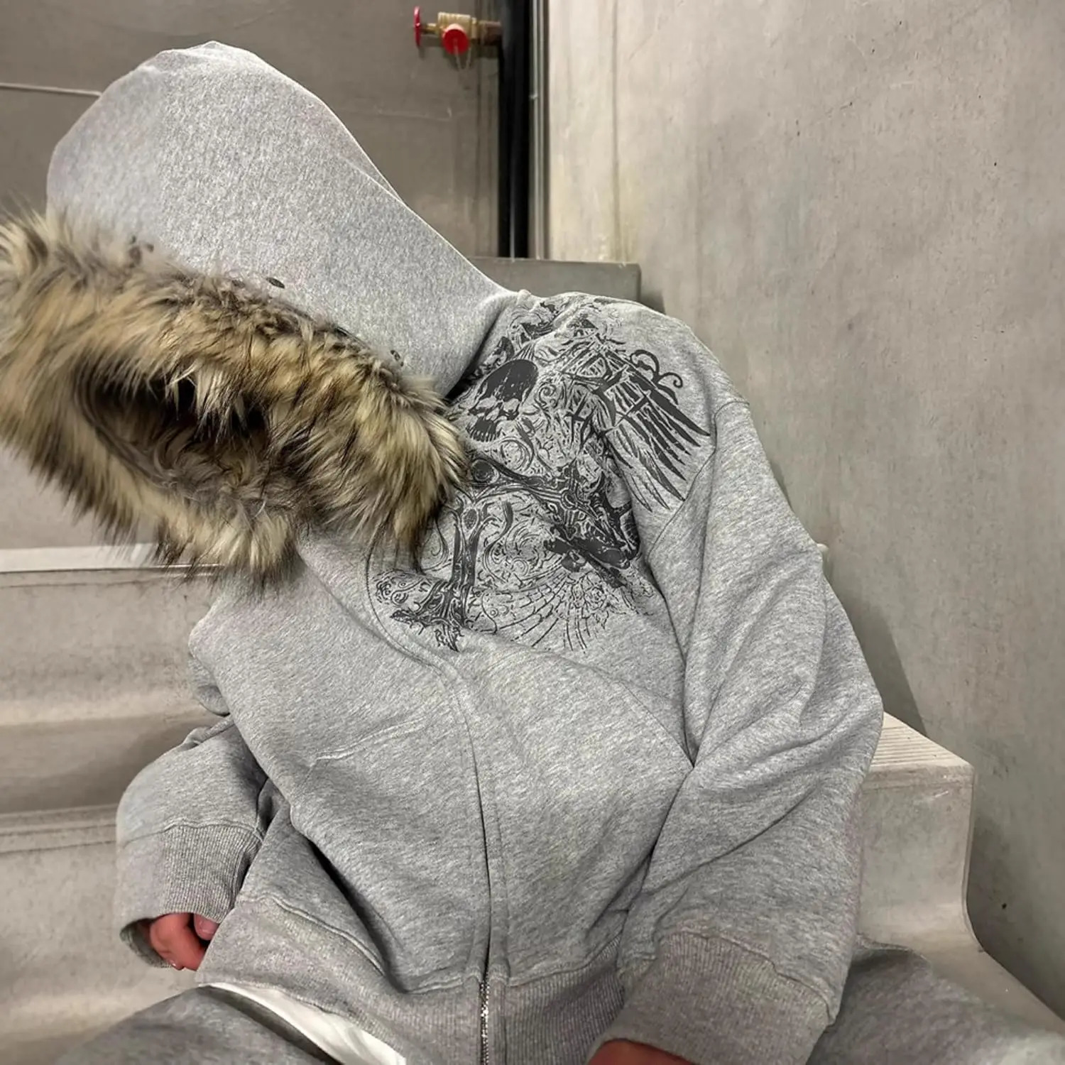 2000s Vintage Therian Fur Hood Jacket Y2k Goth Zip Up Hoodie Oversized Graphic Sweatshirt Emo Grunge Streetwear Fall Winter 251213 - view 7