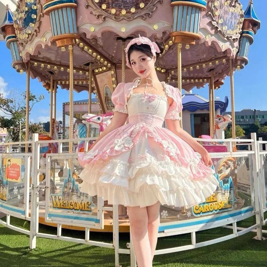 Sanrio Victorian Vintage Lolita Dress Women Gothic Cute Puff Short Sleeve Laminated Flounces Mini Dresses Bow Ruffles Princess Vestidos H251216