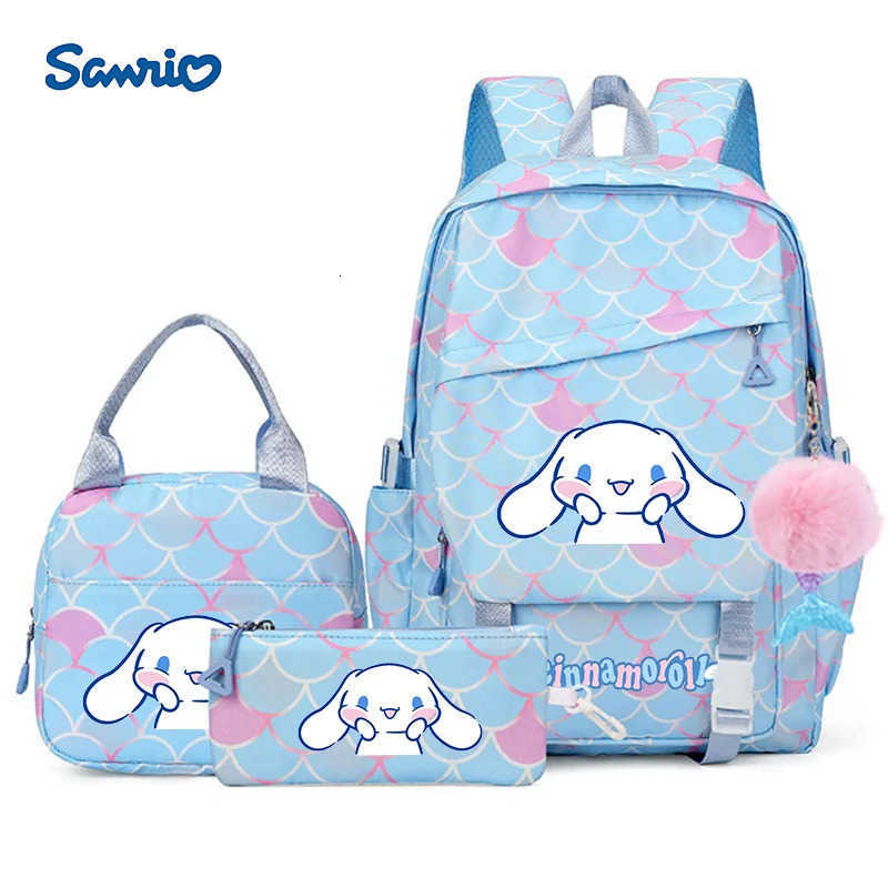 Sanrio 3Pcs Cinnamoroll Fish Scale Kid Backpack With Mermaid Pendant Lunch Girl School Bag Children Schoolbag For Teenage Girls H251216