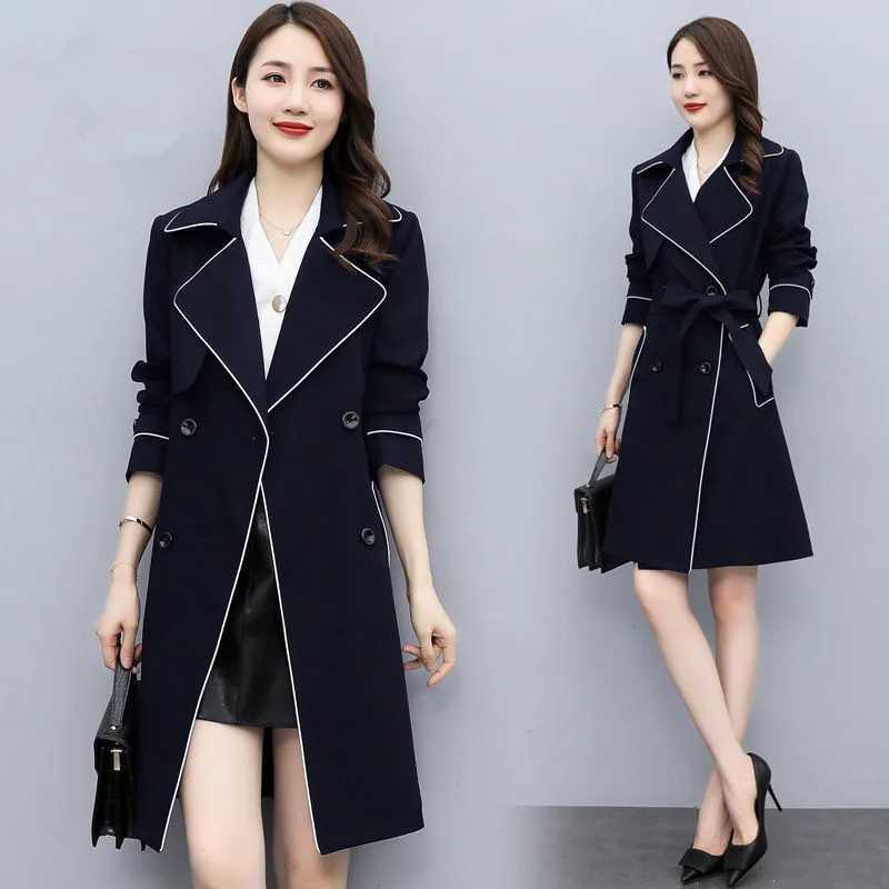 Spring Autumn Elegant Women Double Breasted Solid Trench Coat With Belt Korean Long Casaco Feminino Ladies Windbreaker LinedT251216