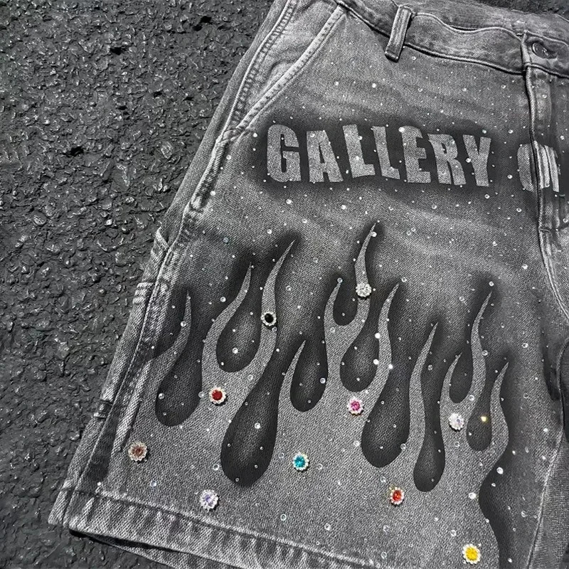 Y2K retro casual jeans flame pattern rhinestone decoration high waist denim shorts fashion mens hip-hop street clothing 251215