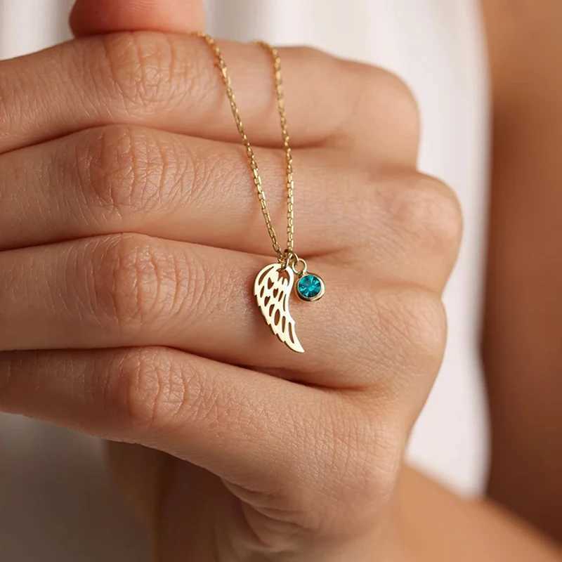 12 Months Birthstone Angle Wing Charm Necklace Gold Plated Stainless Steel Necklace For Women Girls Birthday Gifts M251216