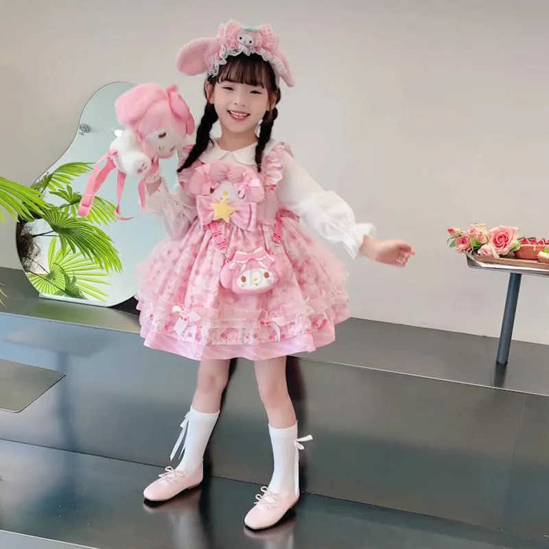 Sanrio Anime My Melody Lolita Princess Dress Girl Bow Decoration Party Dress Ruffled Tutu Skirt kids Layered Dress Ball Gown gift H251216
