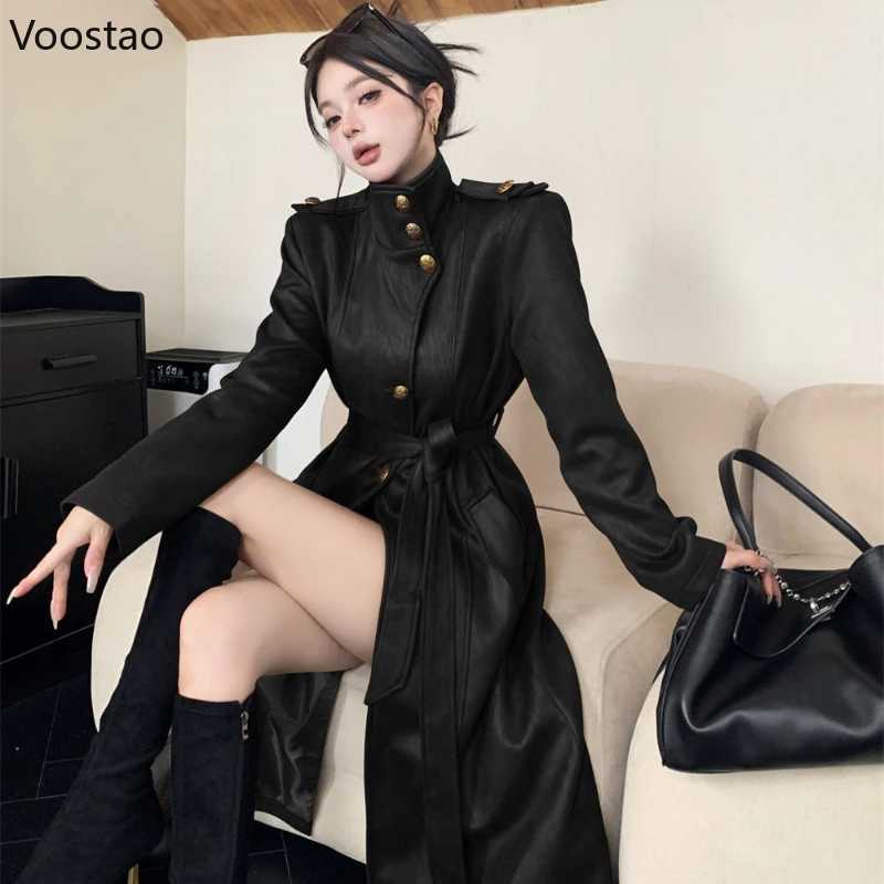 Korean Fashion Black PU Leather Trench Coat Women Casual Moto Biker Long Jackets Y2k Vintage Female Streetwear Autumn ClothesT251216