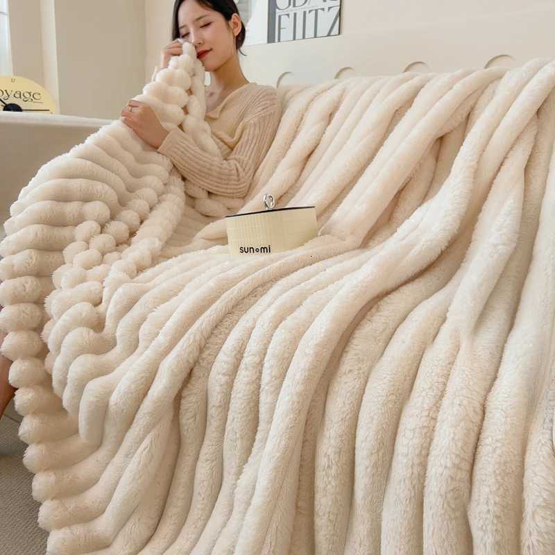 Furry Plush Warm Winter Blanket Solid Strip Velvet Coral Fleece Flannel Soft Thick Bedspread for Bed Sofa Single Double Size H251216 - view 4