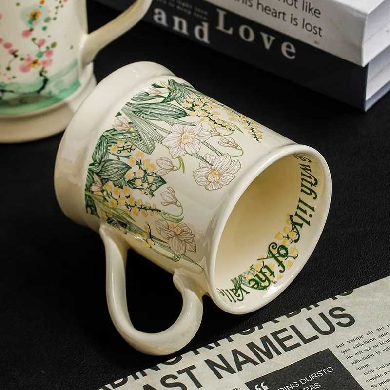 Flower Printed Ceramic Cup Aesthetic Flower and Bird Pattern Coffee Cup Household and Off Cup Utensils Retro Style H251215