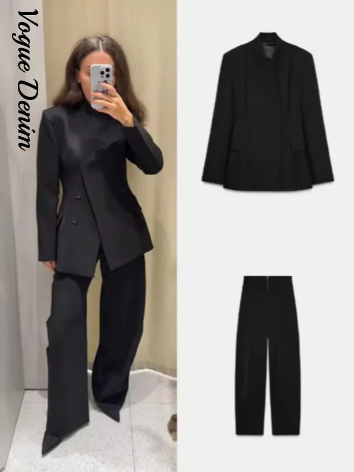 Casual Black Blazer Pants Set Women Full Sleeve Button Closed Waist Long Straight Solid Pant Sets Female 2026 Spring Lady Suits 251215