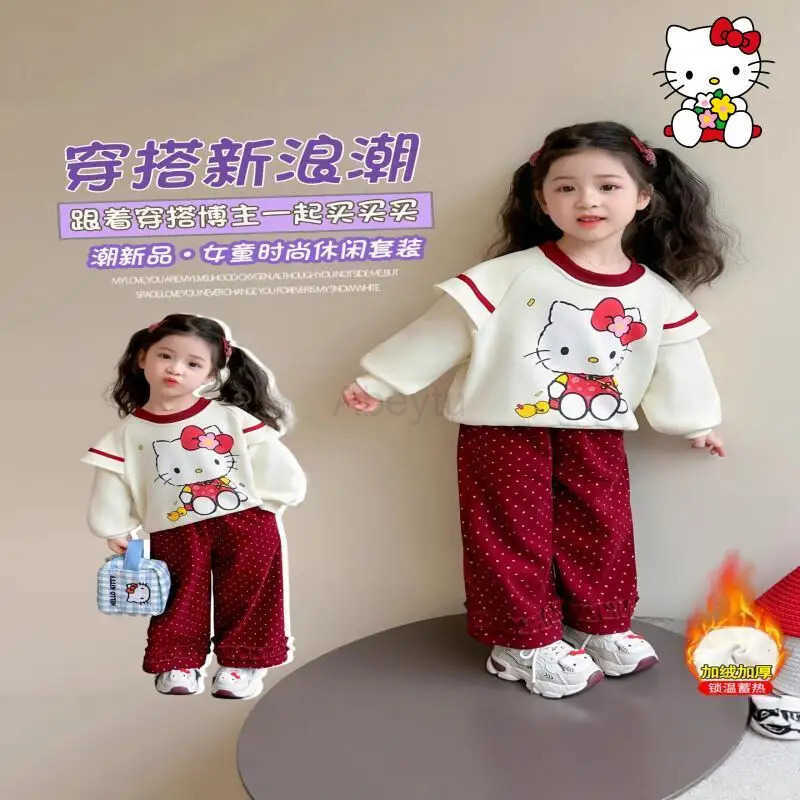 Sanrio Hello Kitty Girls Loungewear Set Kawaii Y2K Anime Childrens Clothing Clothes Autumn Winter Sweatsuit Kids Parka Snowsuit H251216