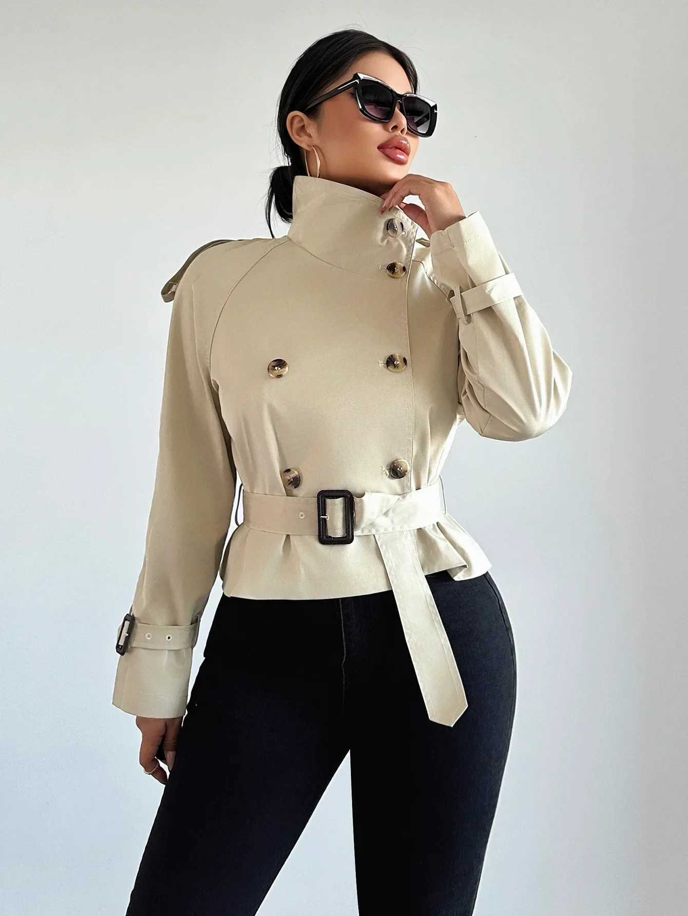 Women Autumn Spring Short Trench Coat Fashion Solid Double Breasted Belt Female Elegant Street Windbreaker Outerwear JacketT251216