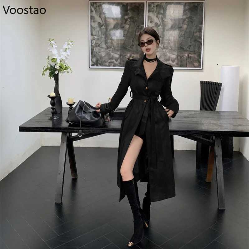 Korean Fashion Black PU Leather Trench Coat Women Casual Moto Biker Long Jackets Y2k Vintage Female Streetwear Autumn ClothesT251216