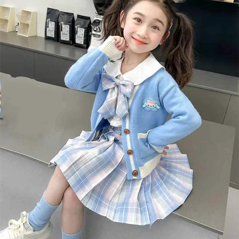 Sanrio Hot Girl Dress Set Cinnamoroll Kawaii Anime Fashion Student Casual Sweater Shirt Skirt 3-Piece Set Children Clothing New H251216
