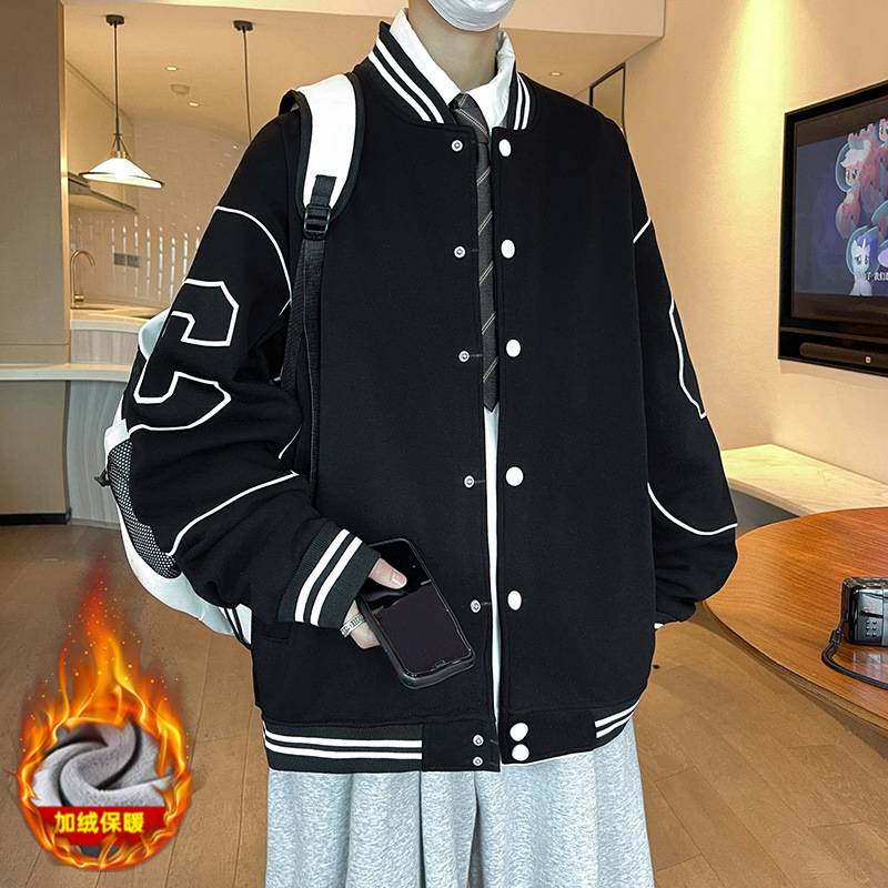 2025 New Arrival Baseball Jacket for Teenage Boys - Autumn Winter, High School Students, Button-Up, Fleece-Lined & Thickened Cargo Jacket