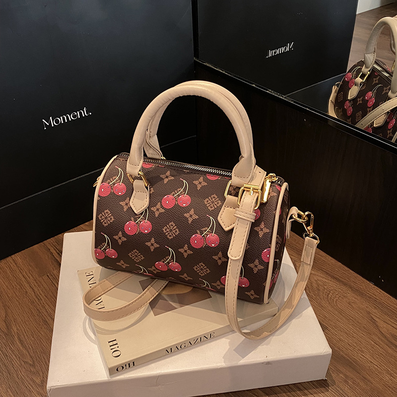 New elegant womens handbag cherry print sophisticated Boston bag versatile party crossbody bag free shipping white dark brown