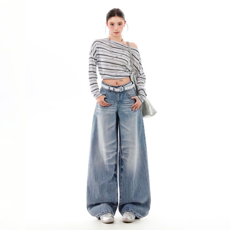 Retro heavy industry cat whiskers design, gradient lightning pattern bamboo joint fabric, loose and slimming straight-leg wide-leg pants----955#