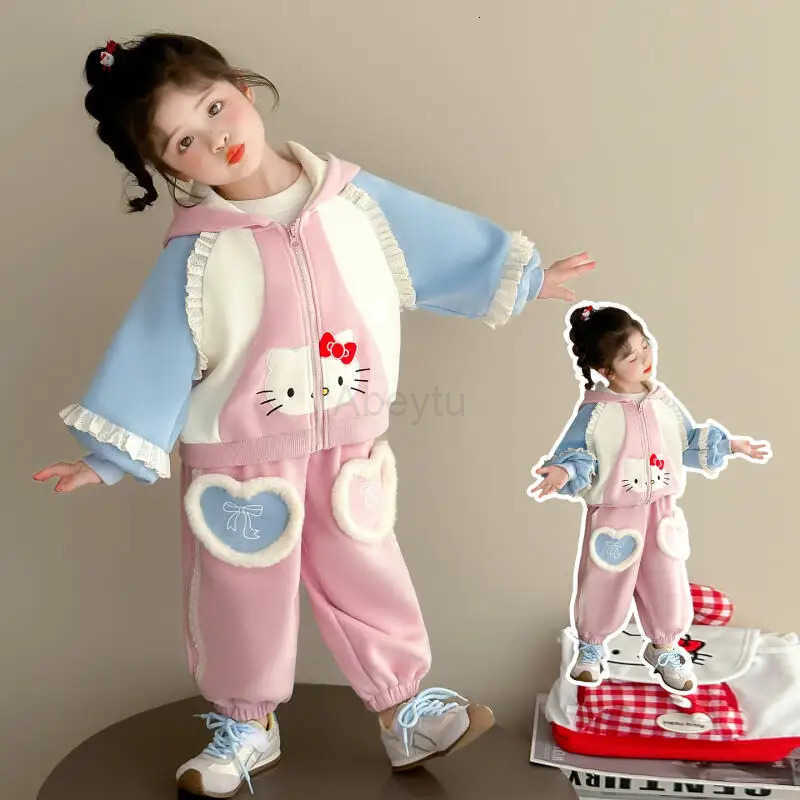 Sanrio Anime Hello Kitty Girls Lace Hoodie and Pants Set Spring Fall Style Casual Cardigan Fall Clothes Two Piece Set of Sportswear H251216