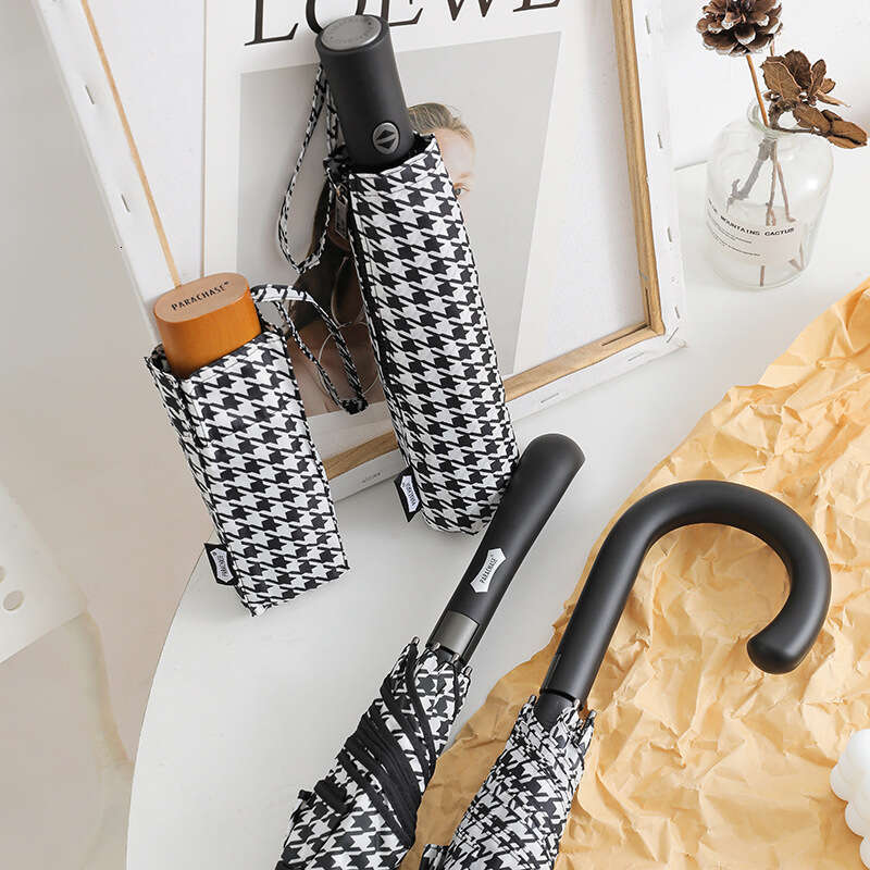 designer Houndstooth Long Handle Korean Fresh Lightweight 50% 70% off Windproof Rainy Day Umbrella Goddess