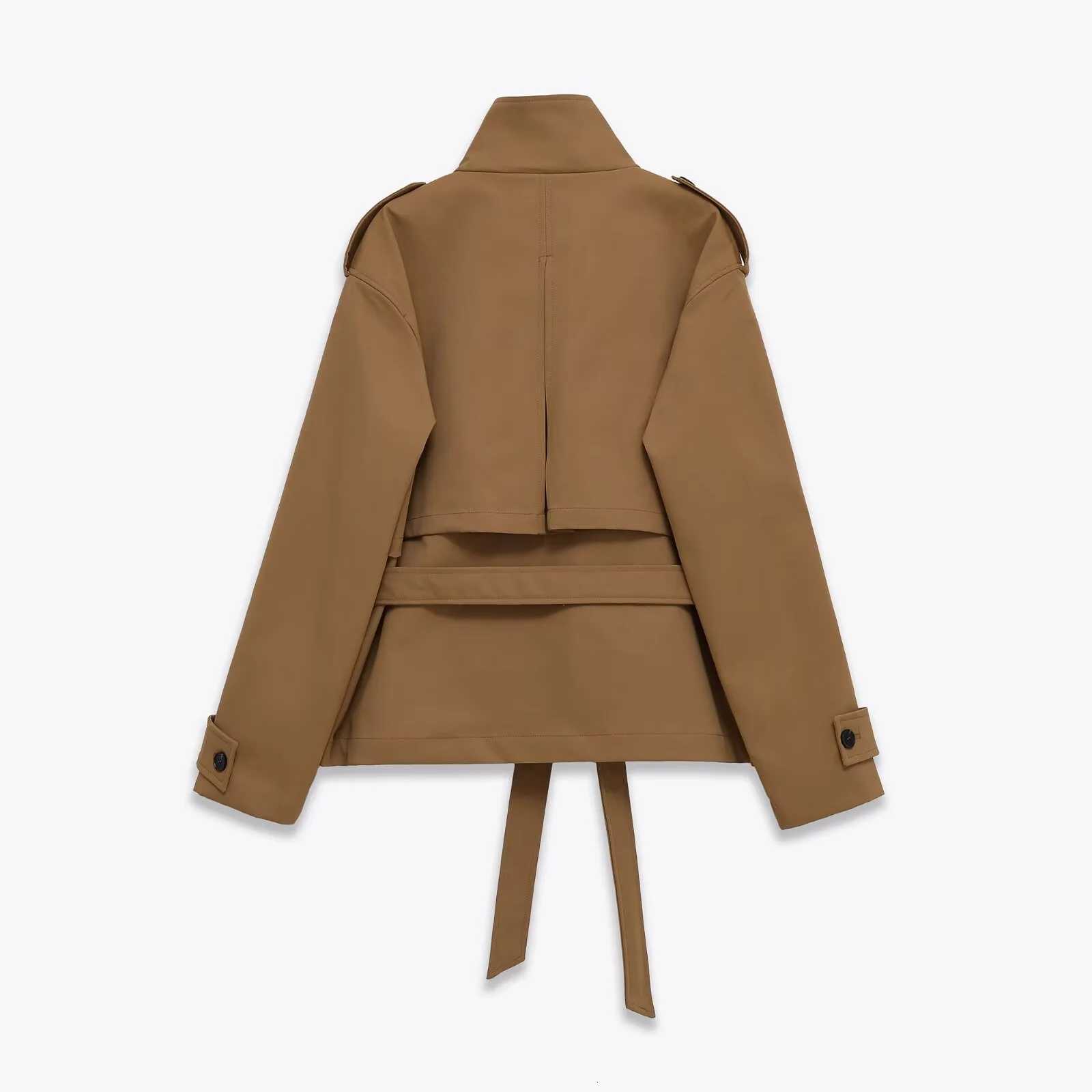2025 Winter New Womens Casual Fashion Simple Style Stand Collar Long Sleeve Short Trench Coat with Belt and ButtonsT251216