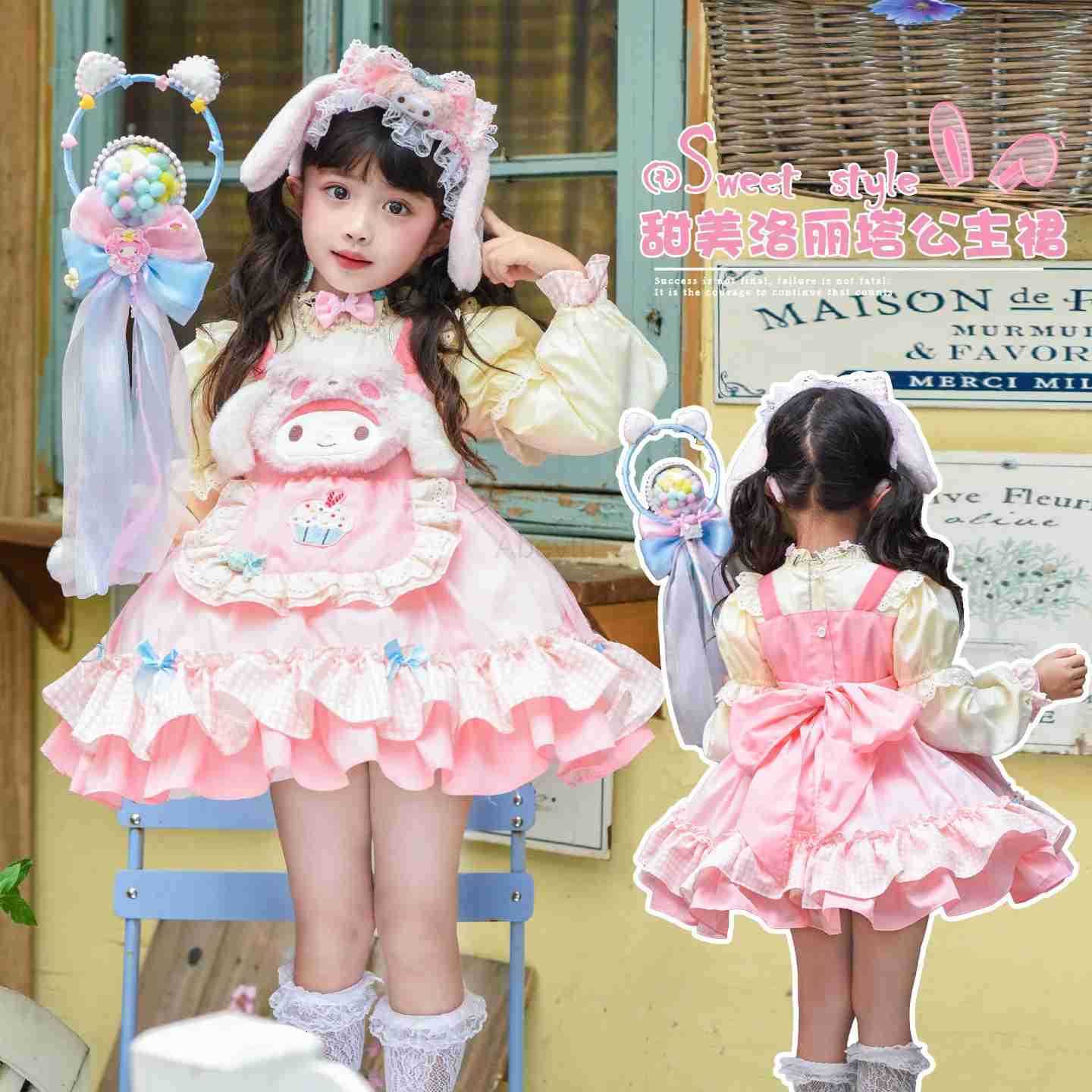 Sanrio Anime Melody Children Lolita Dress False Two-Piece Kawaii Cartoon High-Quality Long Sleeves Cosplay Costume Princess Xmas Gift H251216