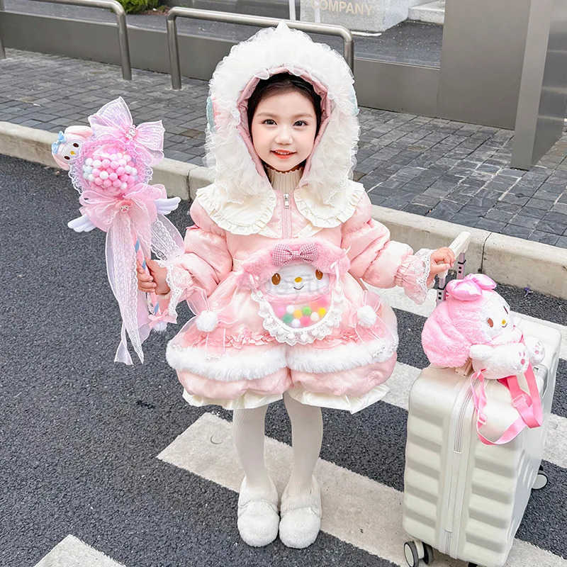 Sanrio Anime My Melody Girl Lolita Long Down Jacket Dress Kid Winter Thick Coat Bow Decoration Birthday Dress Velvet Top Festival Gift H251216